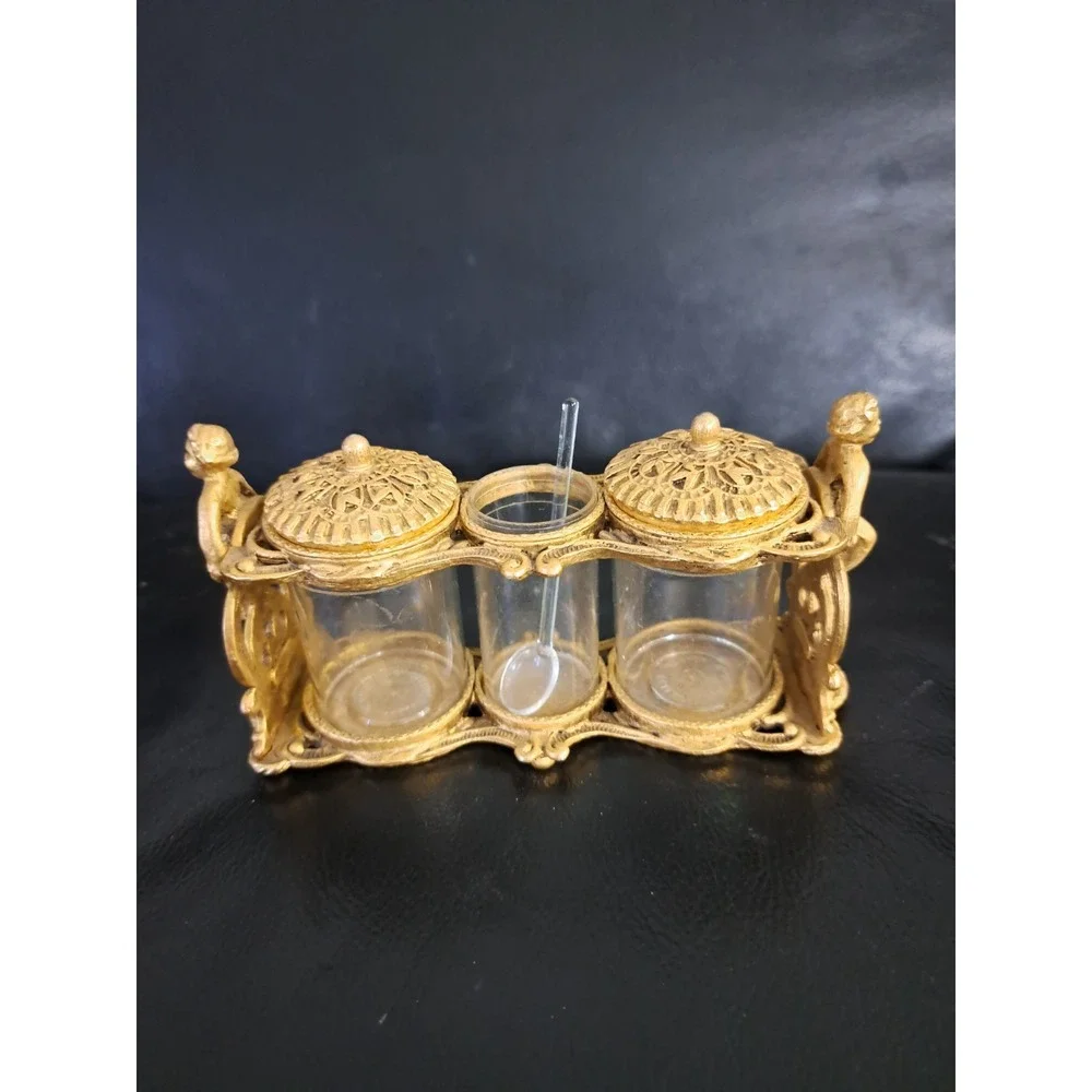 Vintage Set‎ Glass Brass Ornate Condiment Jars On Tray With Angels Cruet Carafe